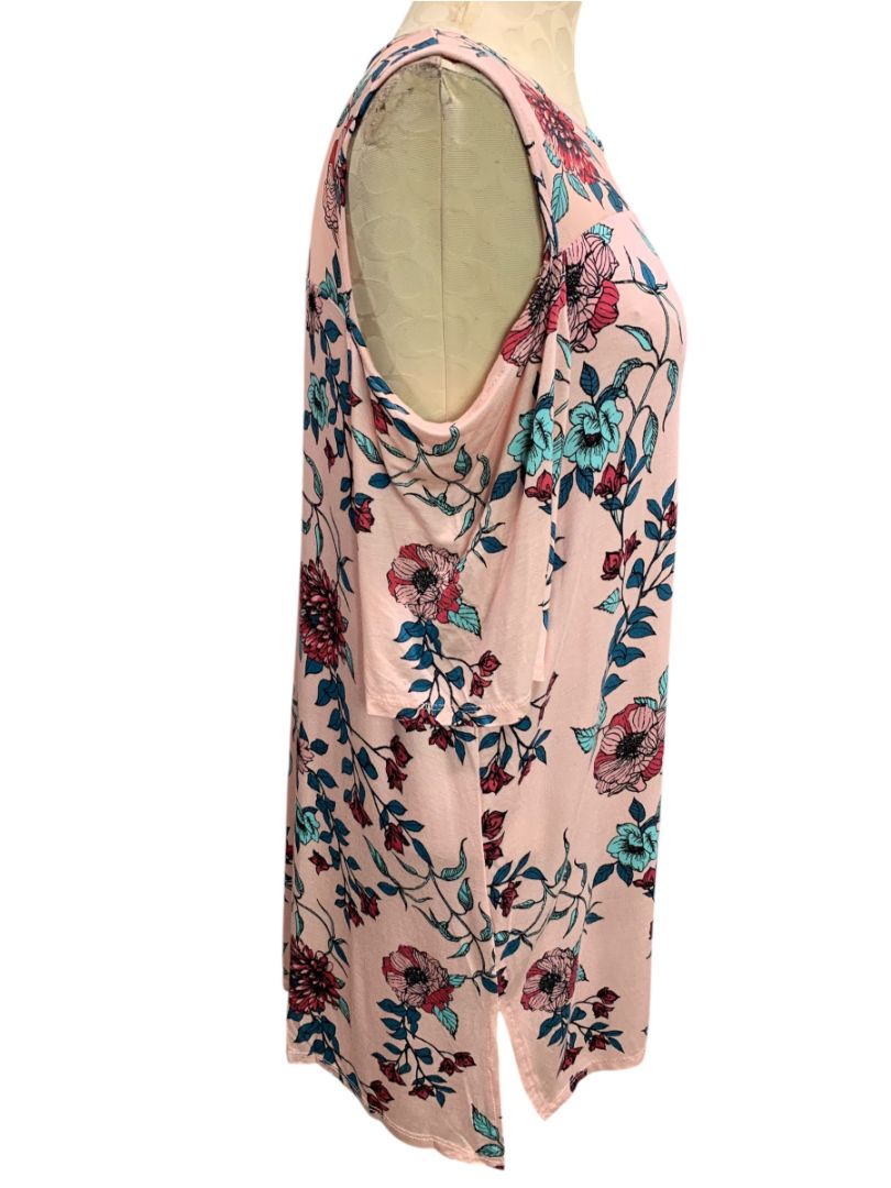 Size 1X French Laundry Womens Cold Shoulder Soft Knit Shirt Pink Print