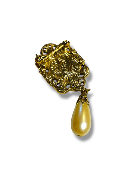Goldtone and Faux Pearl Brooch Pin 2.5" Ornate Retro