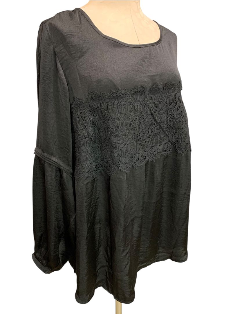 Size 1X Dex Womens Black Boho Baby Doll Bell Sleeve Shirt Plus Size
