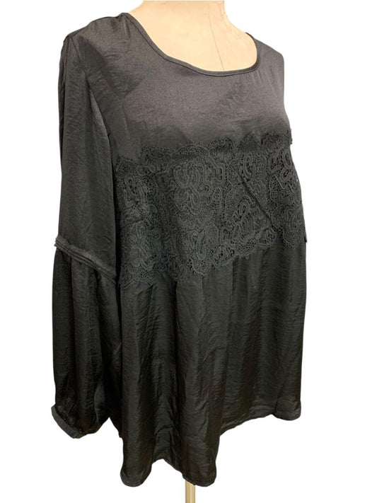 Size 1X Dex Womens Black Boho Baby Doll Bell Sleeve Shirt Plus Size