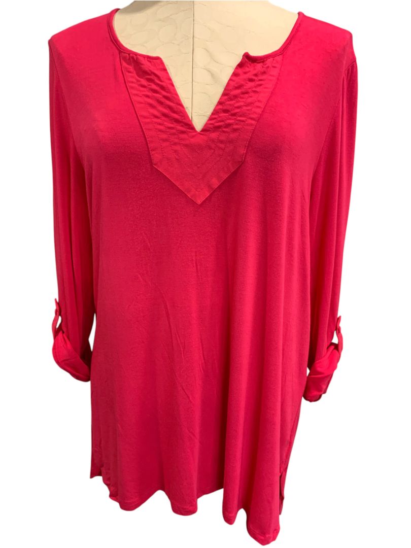 XL Cable & Gauge Womens Hot Pink Shirt Soft Tunic Roll Tab Sleeves