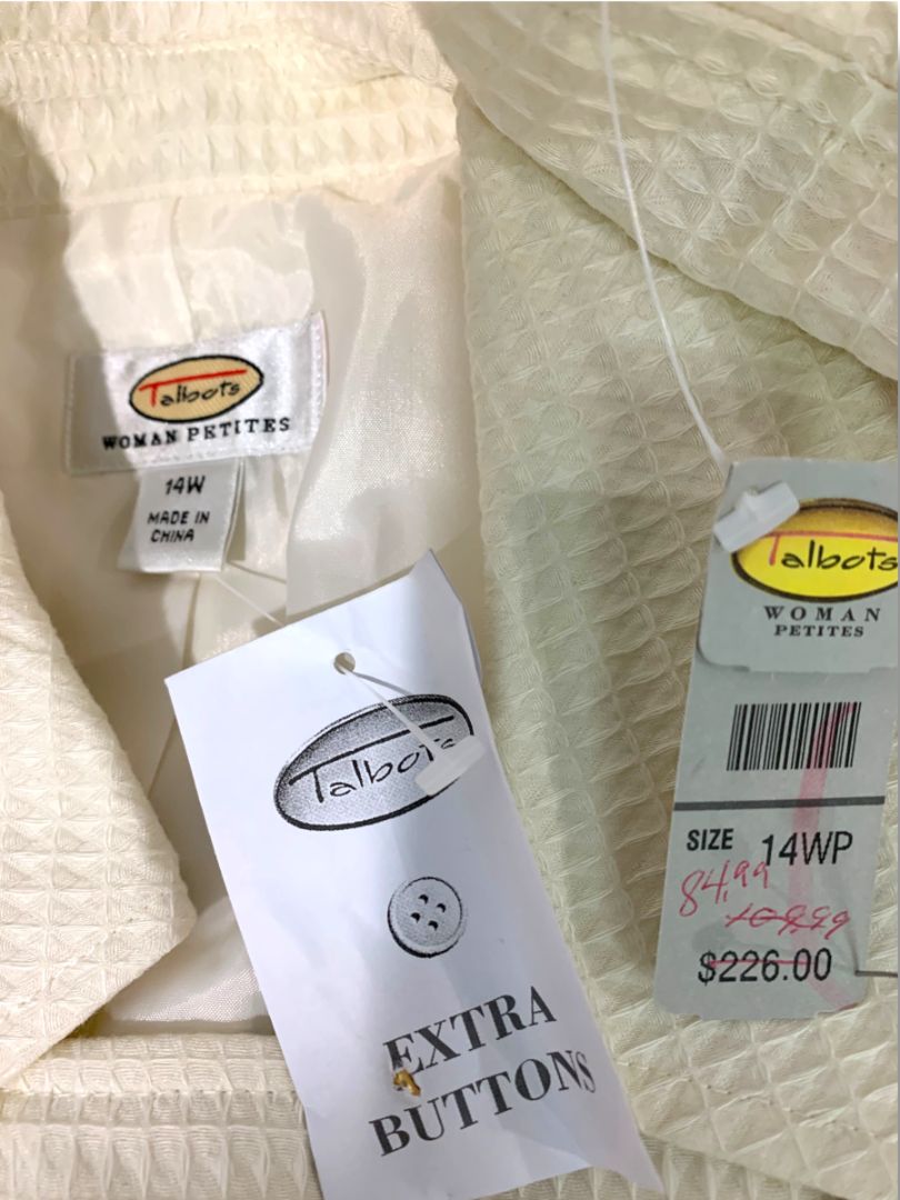 Size 14W Talbots Woman Petites New Cream Double Breasted Jacket Waffle Texture