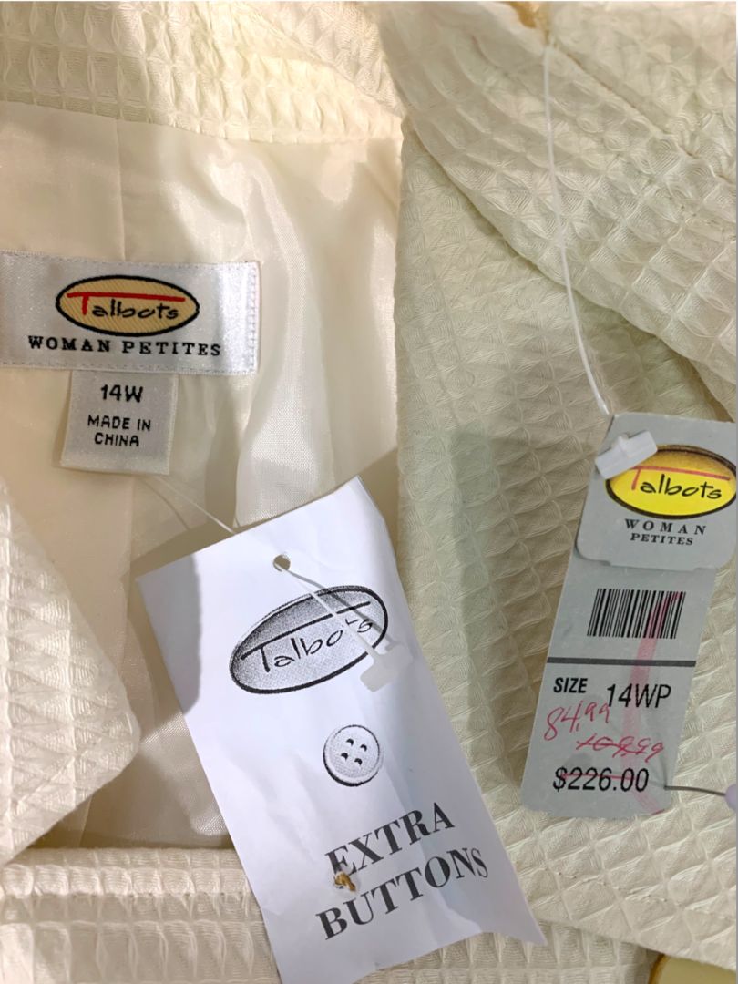 Size 14W Talbots Woman Petites New Cream Double Breasted Jacket Waffle Texture