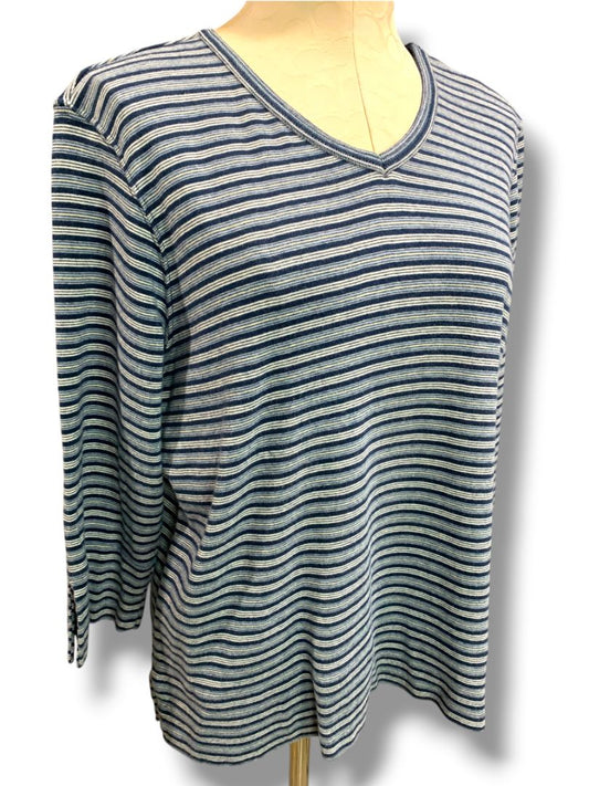 Size XL Liz Claiborne Womens Vintage Blue Striped V-Neck Shirt 3/4 Sleeve