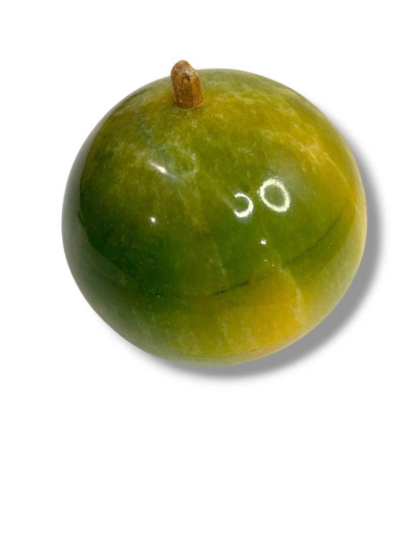 Apple Paperweight Marble Alabaster 2.7" Wood Stem Vintage Green Teacher Gift
