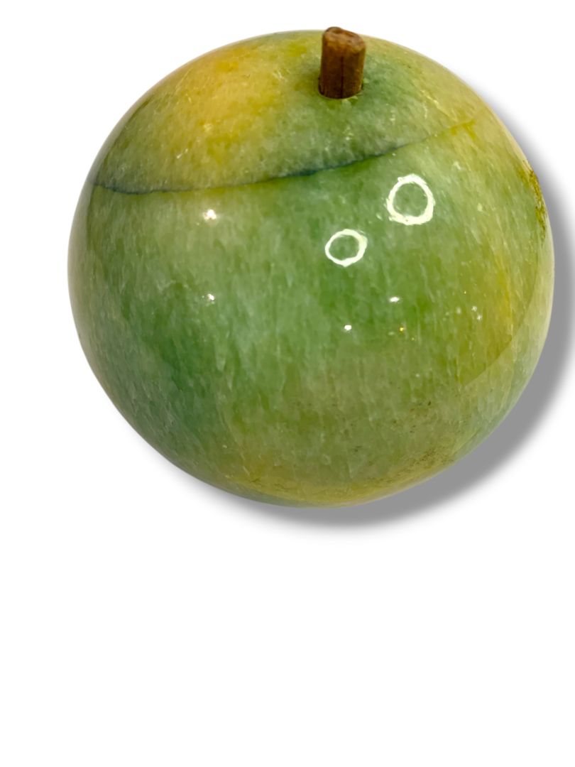 Apple Paperweight Marble Alabaster 2.8" Wood Stem Vintage Green Teacher Gift