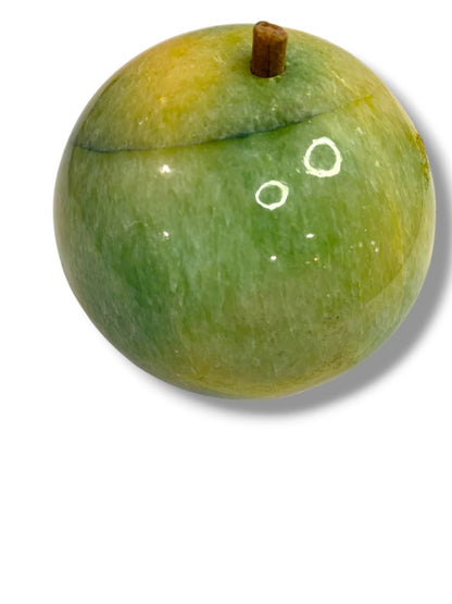 Apple Paperweight Marble Alabaster 2.8" Wood Stem Vintage Green Teacher Gift