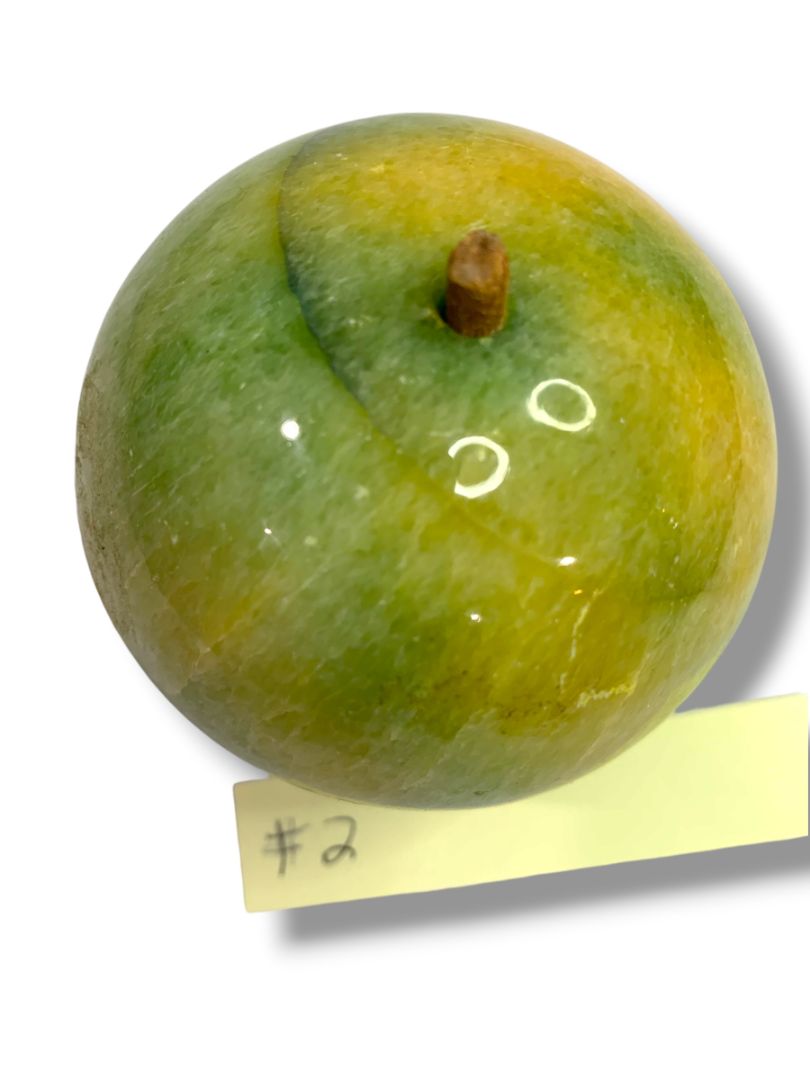 Apple Paperweight Marble Alabaster 2.8" Wood Stem Vintage Green Teacher Gift