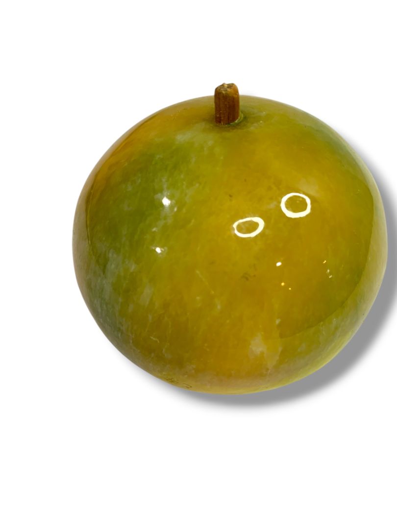 Apple Paperweight Marble Alabaster 2.8" Wood Stem Vintage Yellow Green Teacher Gift