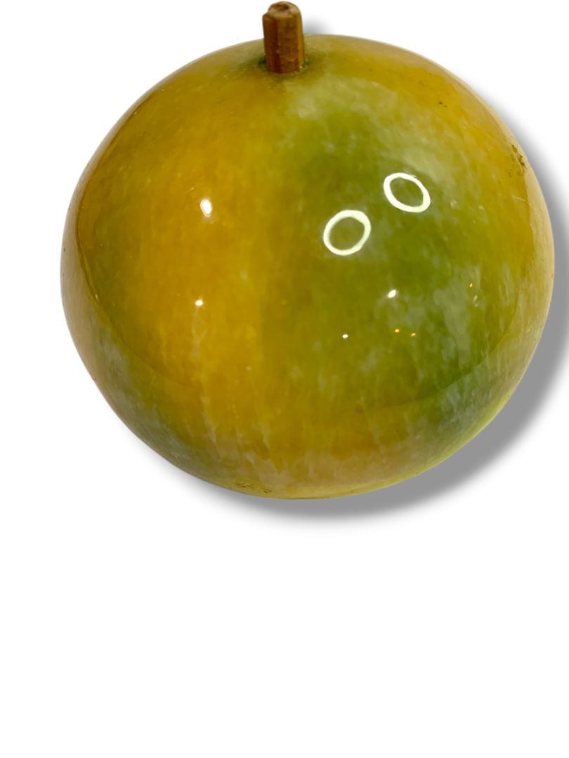 Apple Paperweight Marble Alabaster 2.8" Wood Stem Vintage Yellow Green Teacher Gift