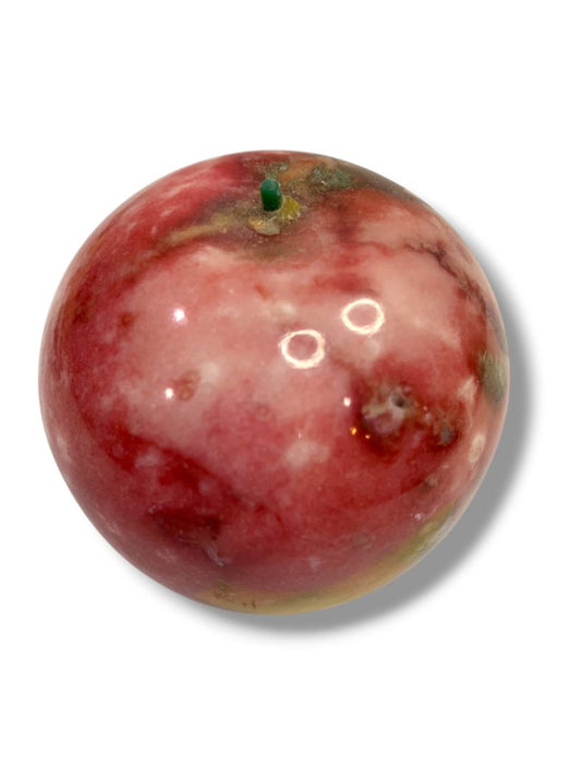 Apple Paperweight Marble Alabaster 2.5” Wood Stem Vintage Teacher