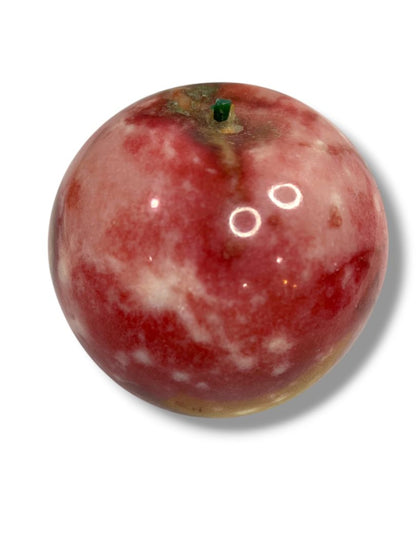 Apple Paperweight Marble Alabaster 2.5” Wood Stem Vintage Teacher