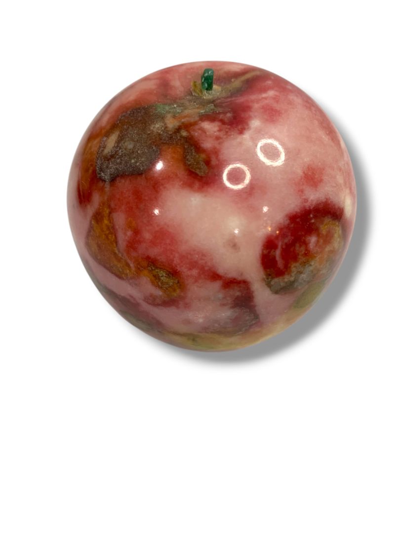 Apple Paperweight Marble Alabaster 2.5” Wood Stem Vintage Teacher