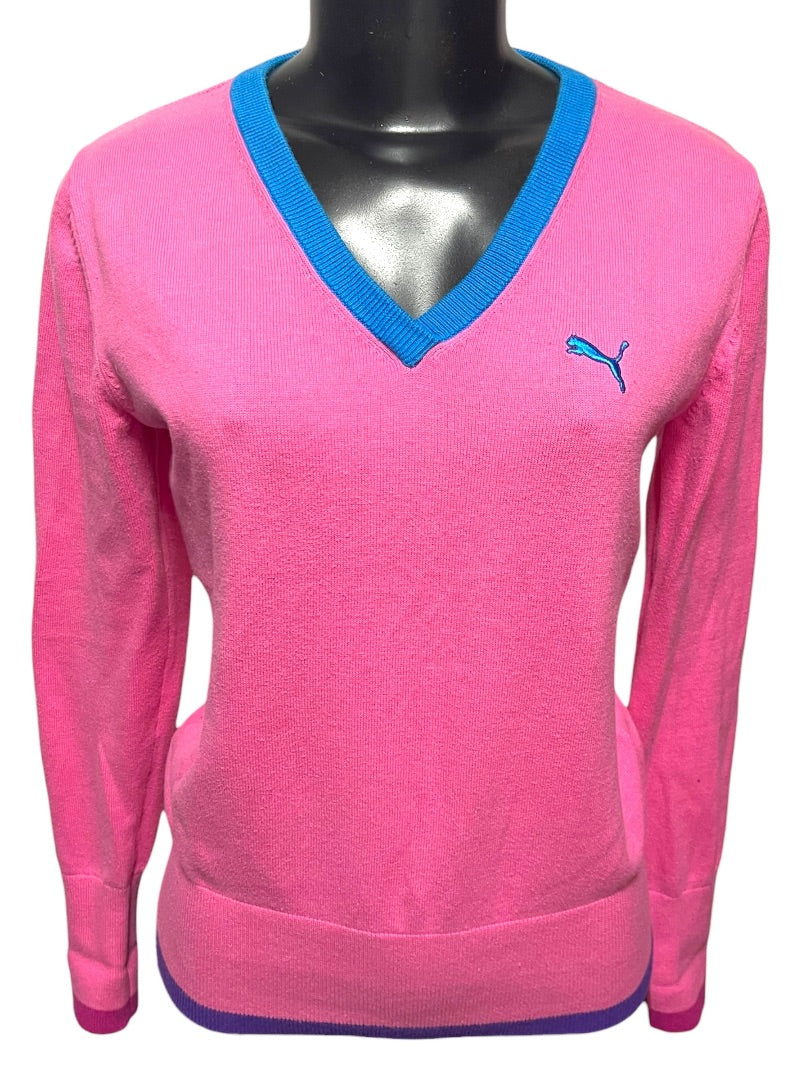Medium Puma Womens Pink V-Neck Sweater Blue Purple Trim