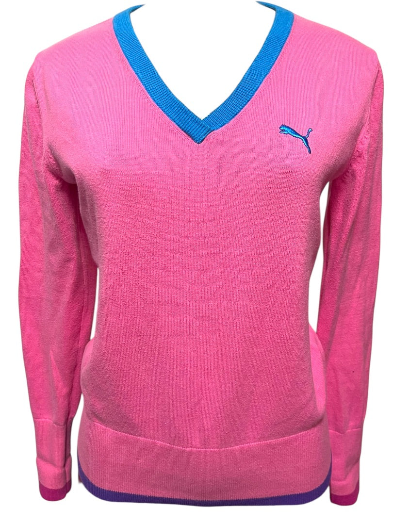 Medium Puma Womens Pink V-Neck Sweater Blue Purple Trim