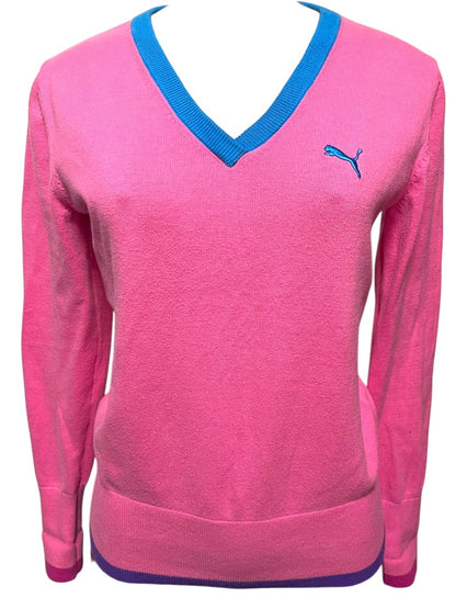Medium Puma Womens Pink V-Neck Sweater Blue Purple Trim