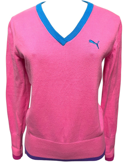 Medium Puma Womens Pink V-Neck Sweater Blue Purple Trim
