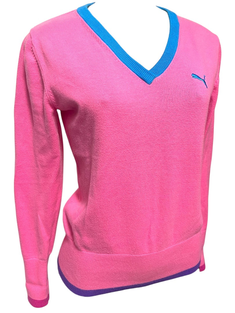 Medium Puma Womens Pink V-Neck Sweater Blue Purple Trim