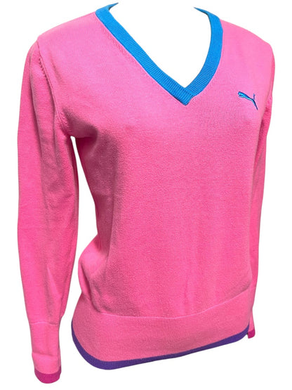 Medium Puma Womens Pink V-Neck Sweater Blue Purple Trim