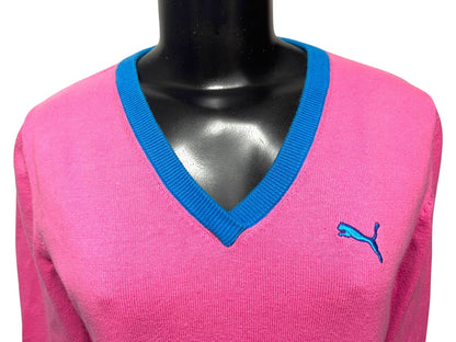 Medium Puma Womens Pink V-Neck Sweater Blue Purple Trim