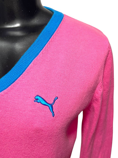 Medium Puma Womens Pink V-Neck Sweater Blue Purple Trim