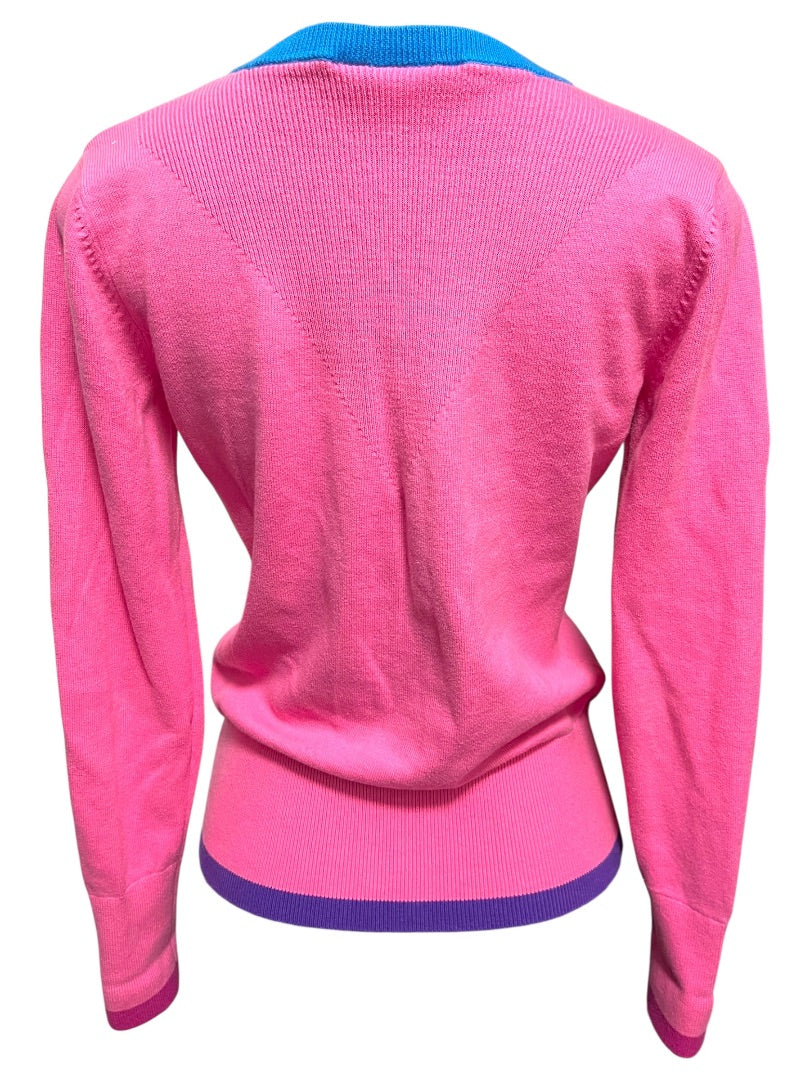 Medium Puma Womens Pink V-Neck Sweater Blue Purple Trim