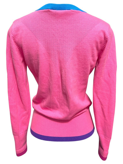 Medium Puma Womens Pink V-Neck Sweater Blue Purple Trim