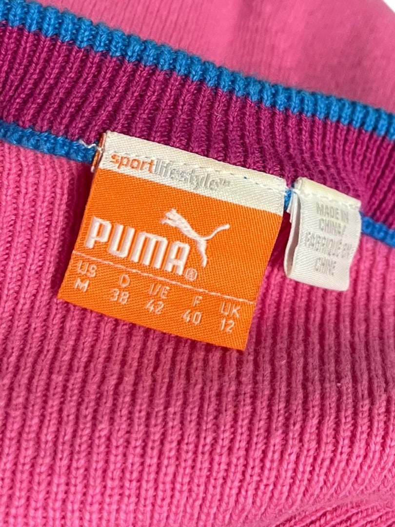 Medium Puma Womens Pink V-Neck Sweater Blue Purple Trim