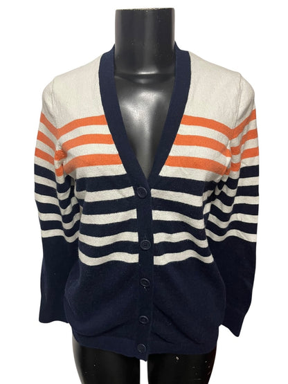 Small LL Bean Womens Striped Cardigan Sweater Cashmere Cotton Blend