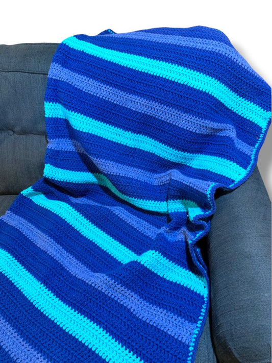 Vintage Crochet Afghan Striped Shades of Blue 64" x 62" Retro Decor Blanket Throw