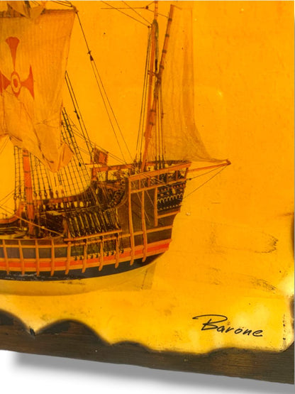 Vintage Barone Spanish Galleon Ship Resin Wood Plaque Wall Art 13" x 9.6"