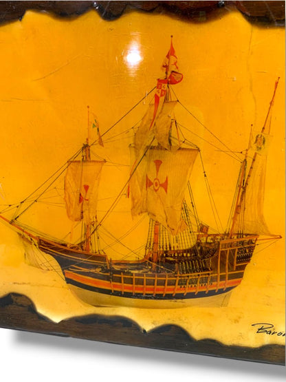 Vintage Barone Spanish Galleon Ship Resin Wood Plaque Wall Art 13" x 9.6"