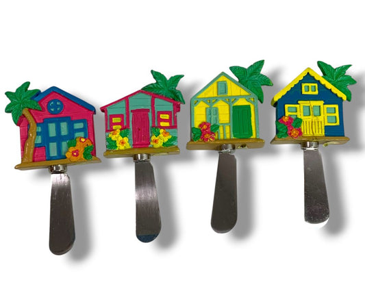 Set of 4 Cheese and Butter Spreader Knives Caribbean Cottage Colorful Stainless Steel