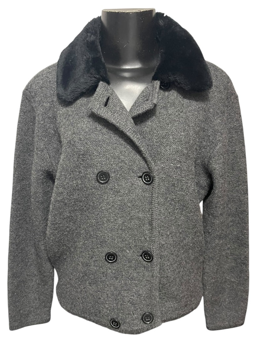 Medium Lord & Taylor Gray Sweater Wool Jacket Fleece Black Collar
