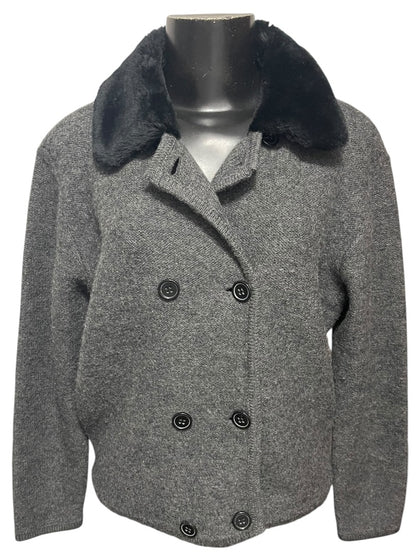 Medium Lord & Taylor Gray Sweater Wool Jacket Fleece Black Collar