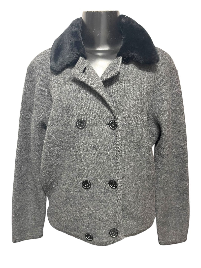 Medium Lord & Taylor Gray Sweater Wool Jacket Fleece Black Collar