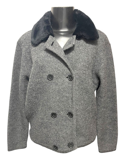 Medium Lord & Taylor Gray Sweater Wool Jacket Fleece Black Collar