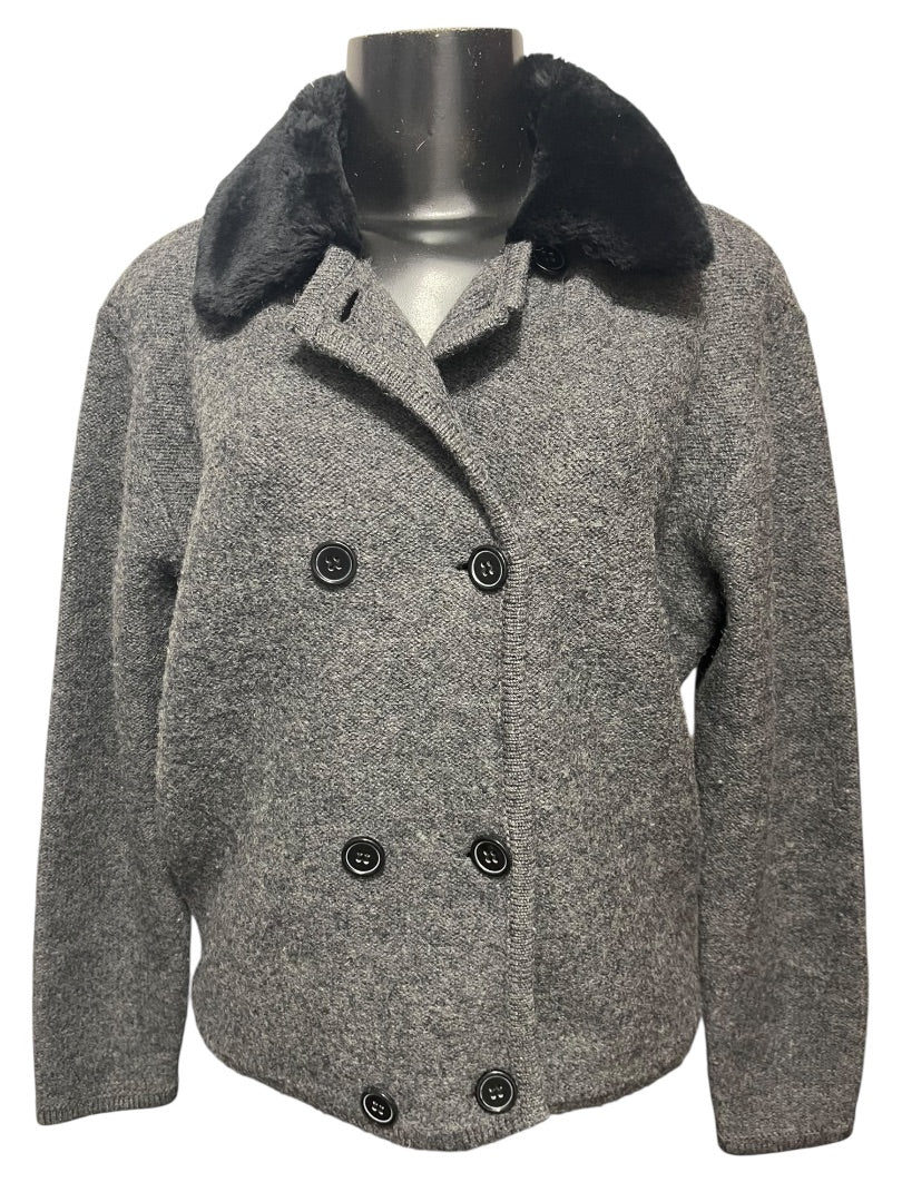 Medium Lord & Taylor Gray Sweater Wool Jacket Fleece Black Collar
