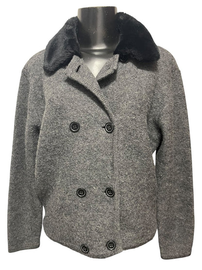 Medium Lord & Taylor Gray Sweater Wool Jacket Fleece Black Collar