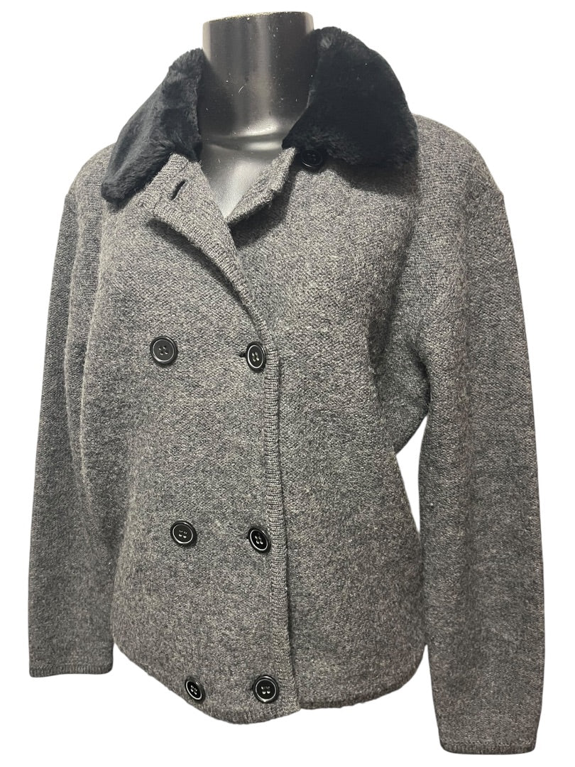 Medium Lord & Taylor Gray Sweater Wool Jacket Fleece Black Collar