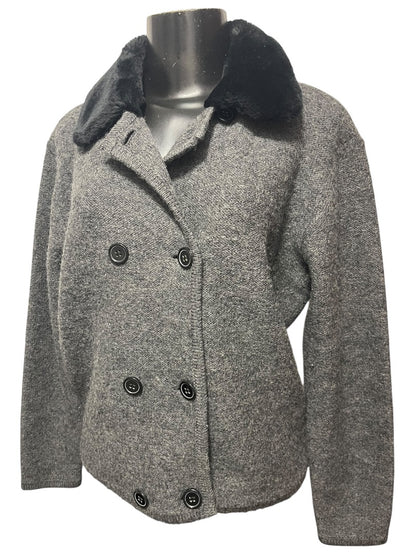 Medium Lord & Taylor Gray Sweater Wool Jacket Fleece Black Collar