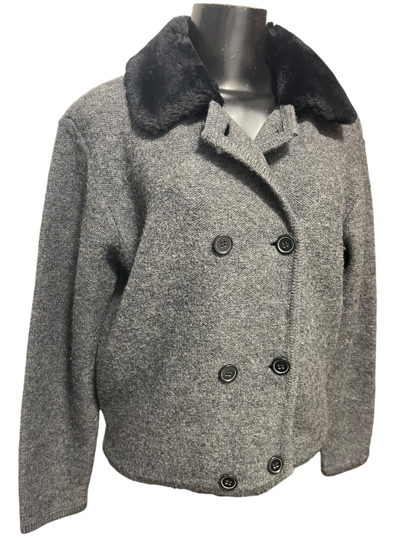 Medium Lord & Taylor Gray Sweater Wool Jacket Fleece Black Collar