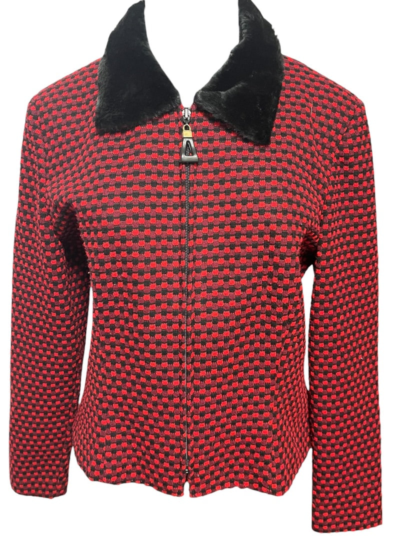 Size 8P Postive Attitude Vintage Womens Petite Zip Up Knit Checkered Jacket Fleece Collar