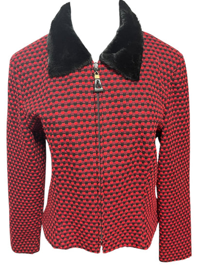Size 8P Postive Attitude Vintage Womens Petite Zip Up Knit Checkered Jacket Fleece Collar