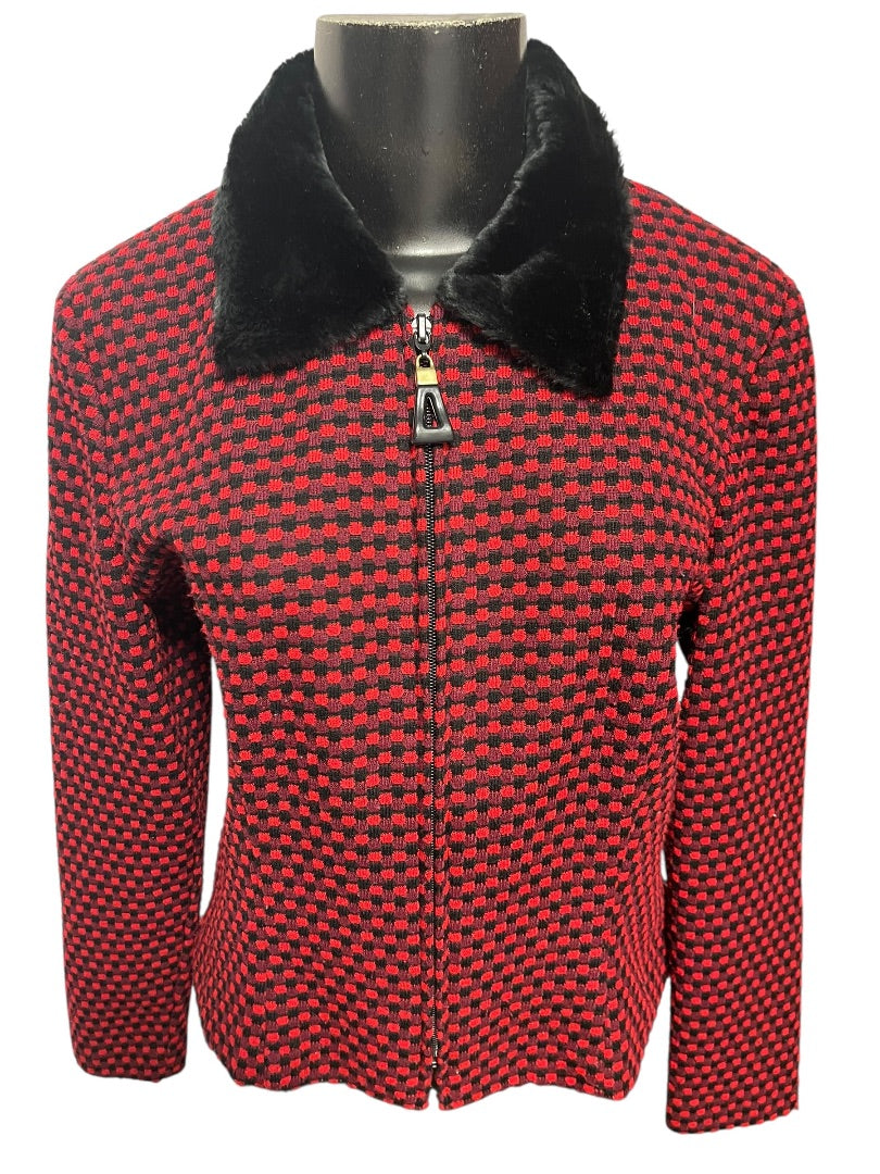 Size 8P Postive Attitude Vintage Womens Petite Zip Up Knit Checkered Jacket Fleece Collar