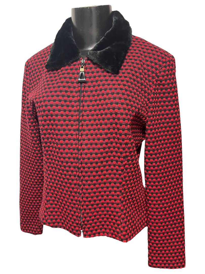 Size 8P Postive Attitude Vintage Womens Petite Zip Up Knit Checkered Jacket Fleece Collar