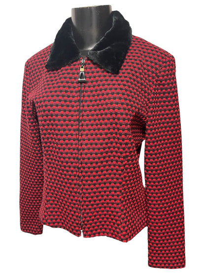 Size 8P Postive Attitude Vintage Womens Petite Zip Up Knit Checkered Jacket Fleece Collar