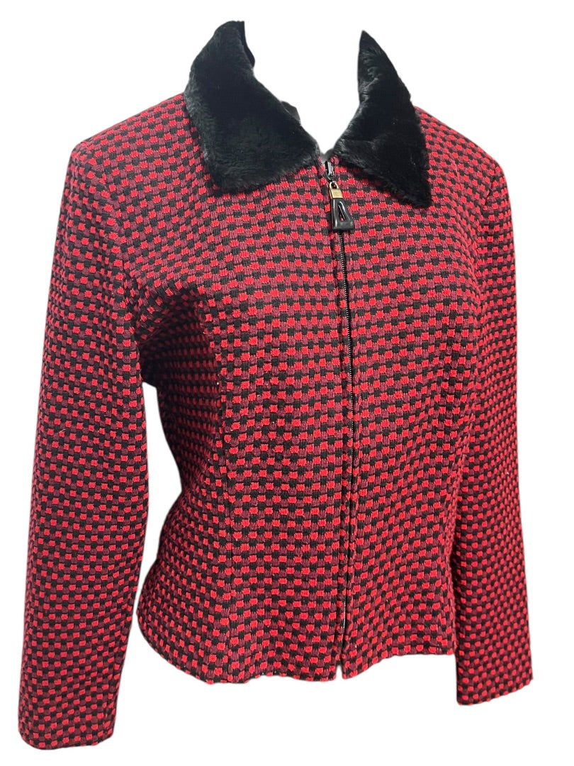 Size 8P Postive Attitude Vintage Womens Petite Zip Up Knit Checkered Jacket Fleece Collar