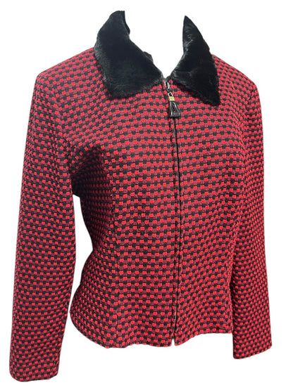 Size 8P Postive Attitude Vintage Womens Petite Zip Up Knit Checkered Jacket Fleece Collar