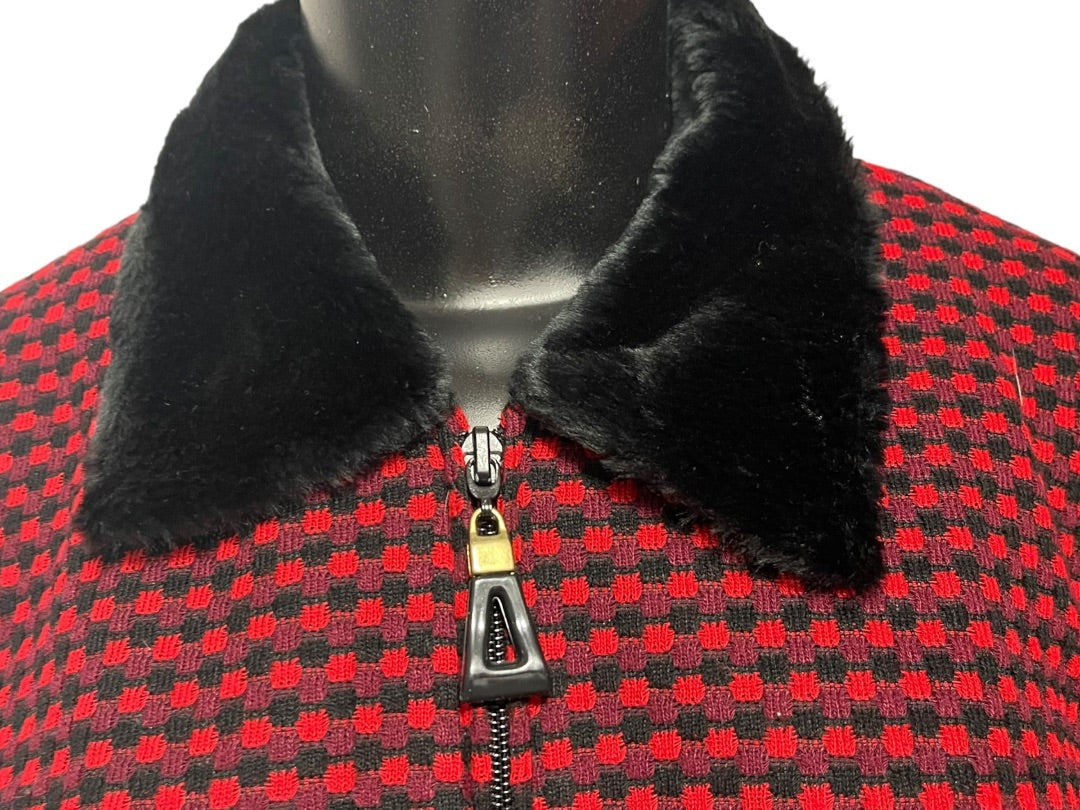 Size 8P Postive Attitude Vintage Womens Petite Zip Up Knit Checkered Jacket Fleece Collar